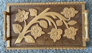 Vintage Japanese Hand Carved Wooden Bamboo Floral Tree Serving Tray - Picture 1 of 6