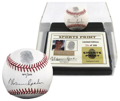 Braves Warren Spahn Signed Thumbprint Baseball LE #'d/200 w/ Display Case BAS - Image 1 of 4