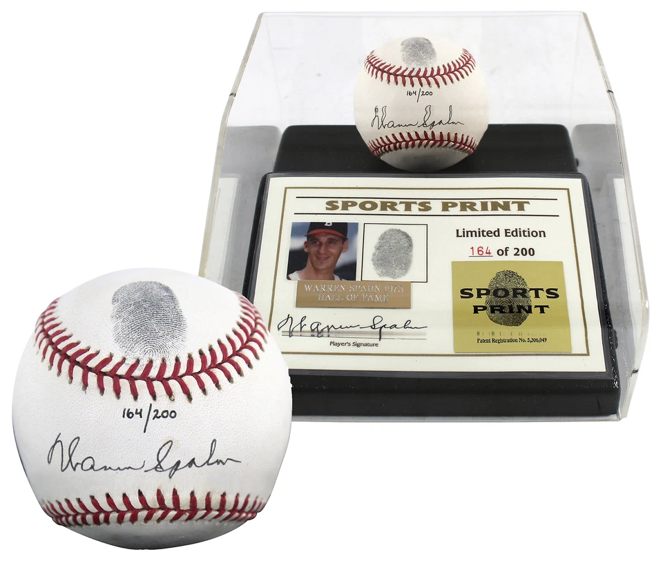 Braves Warren Spahn Signed Thumbprint Baseball LE #'d/200 w/ Display Case BAS - Image 1 of 4