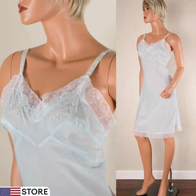💖 LADY LYNNE M Aqua Sedoso Crepé Nylon Vestido Sin Mangas Completo Lencería Bordado Encaje Foto 1 de 4
