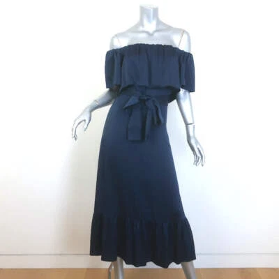 Barneys New York Ruffled Off the Shoulder Midi Dress Navy Satin Size 38 NEW - Image 1 of 4