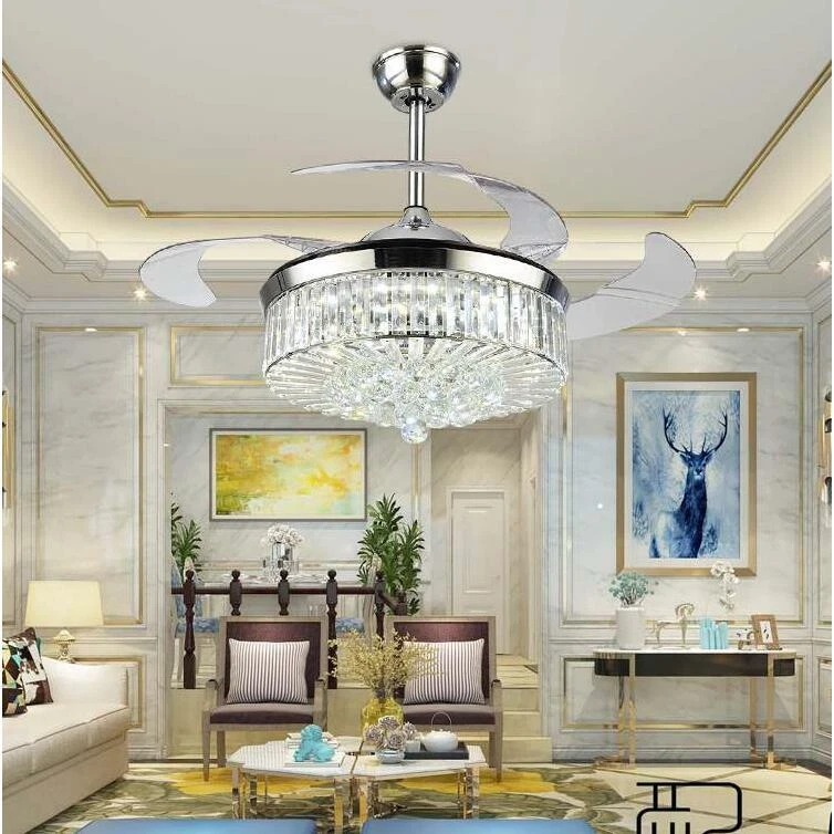 Modern 42" Crystal Chandeliers Remote Invisible Ceiling Fan w/LED Light Fixtures - Image 1 of 4