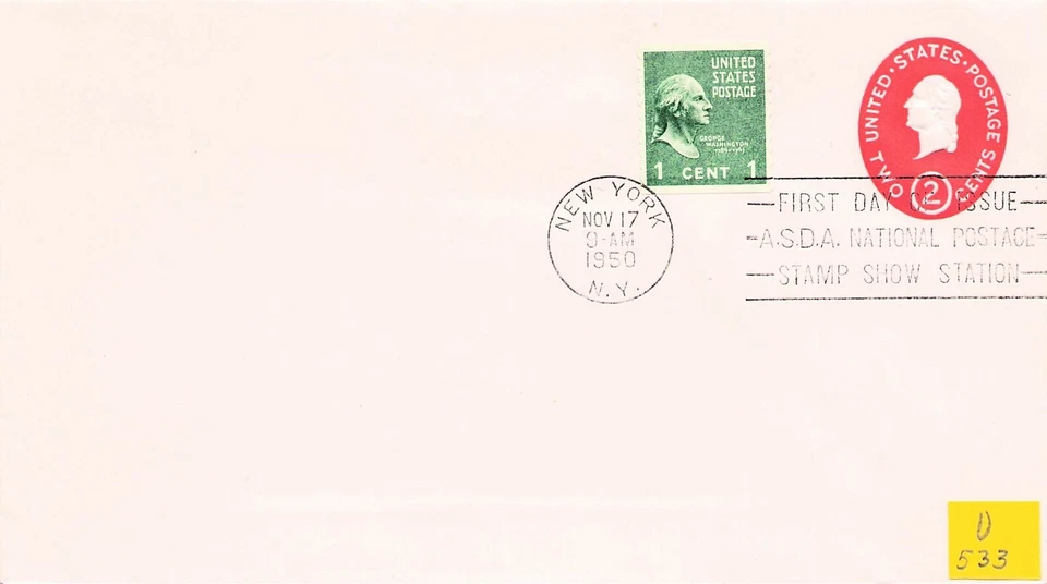 ASDA Stamp Show 1950  First Day Cover Scott #U533 2c Embossed Stamp, New York - Image 1 of 1