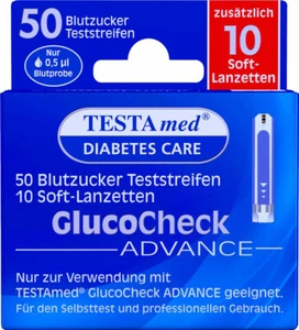 TESTAmed GlucoCheck ADVANCE 50 Blutzucker Teststreifen + 10 Soft-Lanzetten *NEU* - Bild 1 von 1