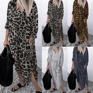 ZANZEA Women Striped Floral Leopard Long Sleeve Casual Loose Shirt Dress Plus - Picture 1 of 25