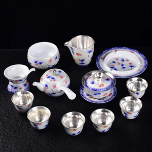 925 Sterling Silber Teeservice Gesundheitswesen Chinesisches Porzellan Teekanne Halter Teetasse - Bild 1 von 12