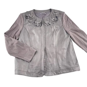 Peter Nygard Womens Leather Jacket With Suede Sleeves & Floral Appliqué - Gray - Picture 1 of 5