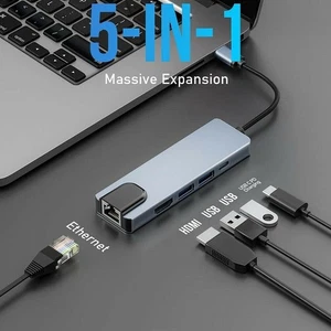 5 in 1 USB C Hub to RJ45 Ethernet Type C Hub Adapter Charger for Macbook 4K HDMI - Picture 1 of 10