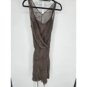 Hype for anthropologie Womens Sz XS 100% Silk Midi Dress Taupe Beaded Floral - Picture 1 of 5