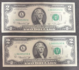 2 Sequential Uncirculated Two Dollar Bill $2 Note 1976 minting - Picture 1 of 2