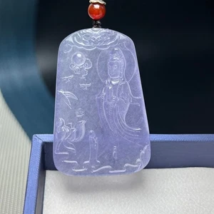 Nature ice lavender Burmese Jade Jadeite carved kwan yin amulet Pendant&Necklace - Foto 1 di 10