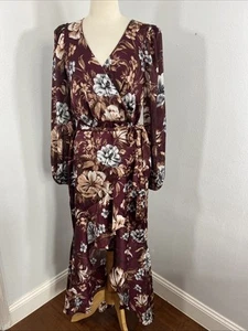 Express Maxi Dress Women M Floral Burgundy Surplice Ruffle Hi Lo Vacation Beach - Picture 1 of 11