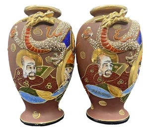 Par De Jarrones Satsuma Japoneses De Colección Dragón Aplicado - Imagen 1 de 11