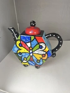 Romero Britto Schmetterling Teekanne 2009 ca. 9"X10"X4" skurril bunt künstlerisch - Bild 1 von 4