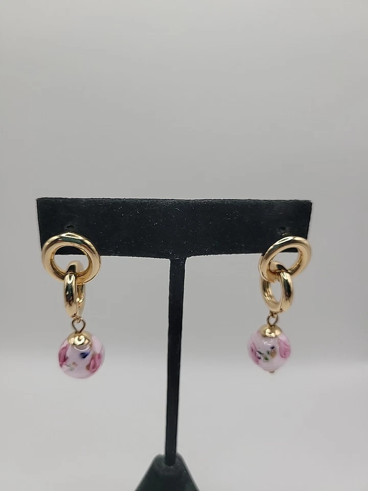 Vintage Earrings Pierced Drop Dangle Double Hoop Pink Flower Stud  Post Jewelry - Image 1 of 4