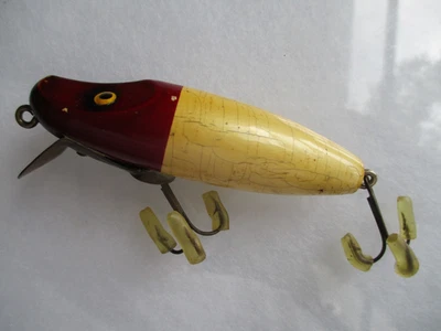 Señuelo de pesca vintage Paw Paw Red Head Wood River Runt 3 1/4 pulgadas. Labio de latón Foto 1 de 4
