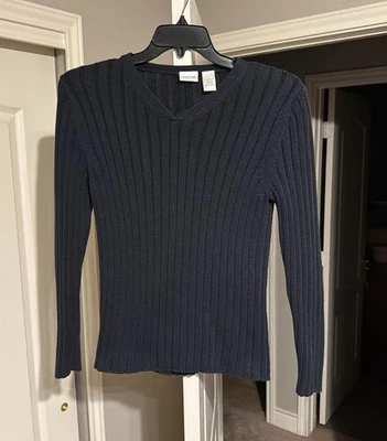 Cherokee V-Neck Ribbed Cotton Black Sweater Women’s Size Large Foto 1 de 4