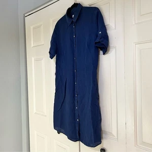 UNTUCKit Nancy Dress Navy Blue Short Sleeve Linen Knee Length Size 8 No Belt - Picture 1 of 10