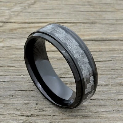 Black Titanium Wedding Band with Carbon Fiber Inlay 8mm Comfort Fit Ring - Image 1 of 3