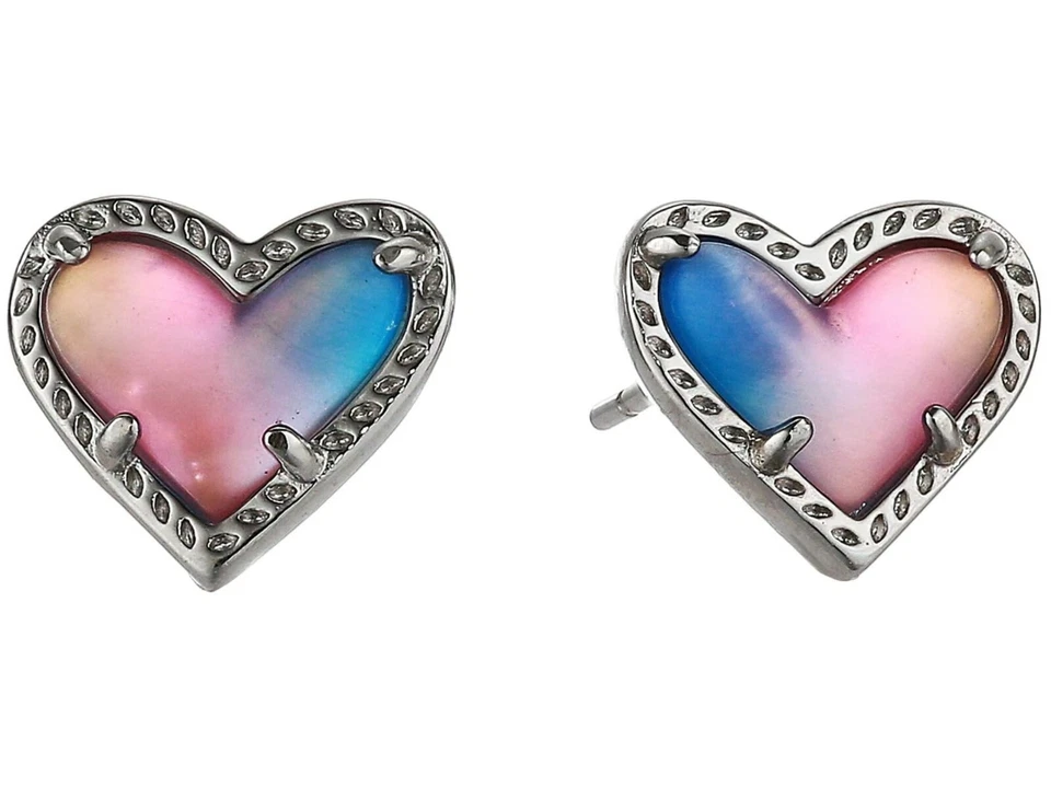 Authentic Kendra Scott Women 966 Rhodium Ari Heart Watercolor Stud Earrings
