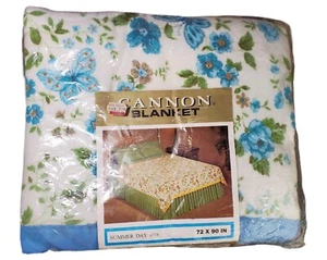 New Vintage Cannon Satin Trim Blue Floral Butterfly Blanket 72X90 Summer Day USA - Picture 1 of 7