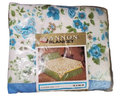 New Vintage Cannon Satin Trim Blue Floral Butterfly Blanket 72X90 Summer Day USA - Image 1 of 4