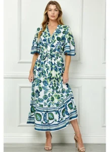 NWT Anthropologie Fig Flower Boho Blue Floral Dress Ruffle Size-L - Picture 1 of 12