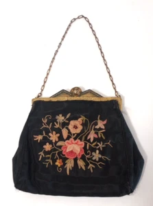 Antique Black Satin Bag Purse Metal Closure & Chain & Embroidered Flowers - Picture 1 of 11