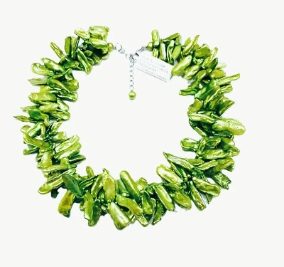 COLLAR ROSS SIMON'S 2 FILAS CON PERLAS KESHI VERDES Y BROCHE DE PLATA DE LEY Foto 1 de 4