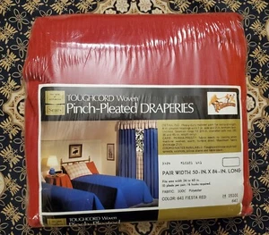 NOS VTG SEARS TOUGHCORD Woven Pinch Pleated DRAPERIES 50 x 84 inches FIESTA RED - Picture 1 of 13