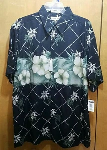 Mens Sz L Chereskin 100% Washabl Silk Hawaiian Shirt Floral Leaf Black Green NWT - Picture 1 of 7