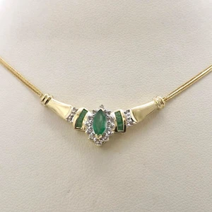 14k Gold Marquise Emerald Diamond Halo V Pendant Necklace May Birthstone - Picture 1 of 7
