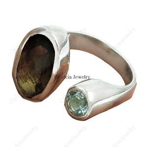 Blue Topaz Gemstone Smoky Quartz 925 Sterling Silver Stackable Boho Ring Jewelry - Picture 1 of 8
