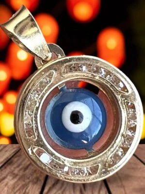 Sale GOLd BLUE evil eye bad fatima charm Pendant lucky nazar 10k bracelet .65" - Image 1 of 4