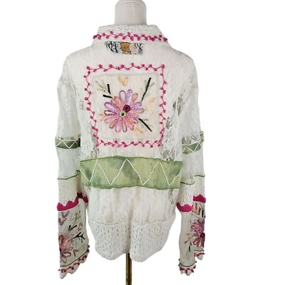 Alex Kim XL White Lace Embroidered Button Cardigan Pink Green Boho Cottagecore - Image 1 of 4