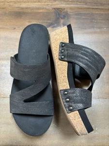 Boutique By Corkys Wedge Sandals Slip On Sz 7 Black Metallic Cork heel - Picture 1 of 8