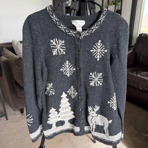 Vtg Ugly Christmas Sweater Cardigan Snowflake Reindeer Gray Embroidery Women’s M - Picture 1 of 7