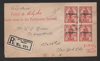 MALTA 1928 US REGISTERED POSTED UNDER COVER POSTMASTER GENERAL HOLYOKE MA - Image 1 of 2