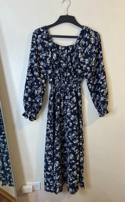 Maxi Vestido Anna-Kaci Para Mujer Manga Larga Floral Azul Marino Otoño Elástico Cintura Pequeño Foto 1 de 4