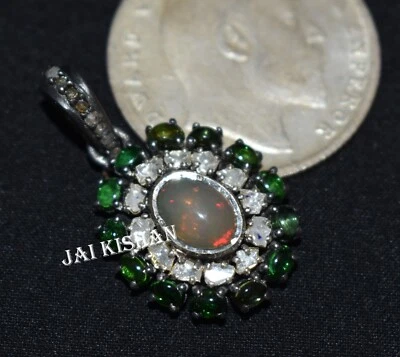 Verde Tormalina Opale Gemma Polki Pavé di Diamanti 925 Pendente Argento Sterling - Immagine 1 di 4