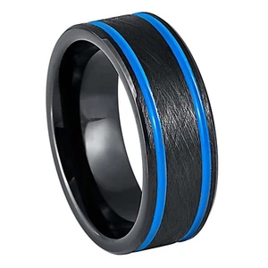 Black IP 8mm Men's Tungsten Carbide Ring Blue Off Center Grooves Beveled Edge - Picture 1 of 4