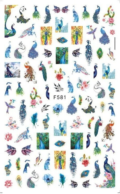 Pegatinas Uñas Pavo Real Tropical Pájaro Flor Pluma Animal Marino Sirena Estrella de Mar Foto 1 de 1