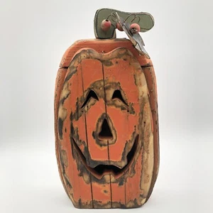 Vintage Halloween große 11" Holz Volkskunst Jack-o'-Laterne Kürbis Dekor Requisite - Bild 1 von 22