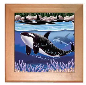 Orca Whale Kitchen Ceramic Trivet Framed in Pine 8" x 8" - Picture 1 of 1