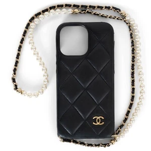 71441 auth CHANEL black leather IPHONE 13 PRO MAX Case w Pearl Strap - Picture 1 of 9