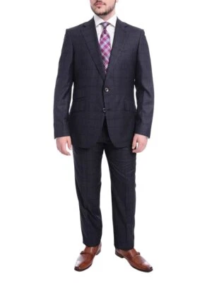 Robert Graham Slim Fit Navy Blue Windowpane Two Button Wool Silk Blend Suit - Image 1 of 4