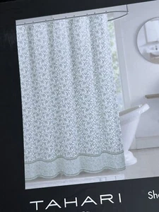 TAHARI Home Stoff Duschvorhang Weiß & Grün Blumen Bordüre Botanisch Neu - Bild 1 von 5