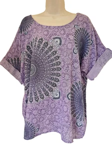 Italian Lagenlook Top Floral Cotton Short Sleeve Tunic One Size Plus UK 16-20 - Picture 1 of 5