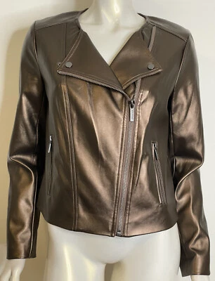 迈克高仕青铜金属人造皮革摩托夹克 M 全新全新无标签拉链前 LS — 第 1/4 张图片