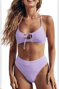 CUPSHE Women's High Waist Bikini Swimsuit Tie Lace Up Back Two Piece Bathing S - Picture 1 of 6